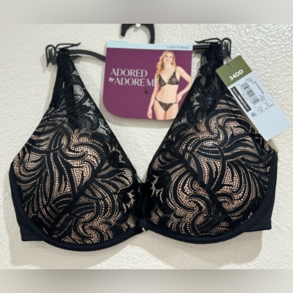 Adored By Adore Me Bra Womens Size 34D Black Lace Layla Push Up Underwire